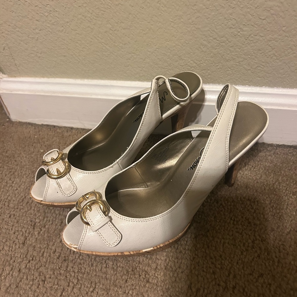 Chic white Slingback Heels with Gold Buckle